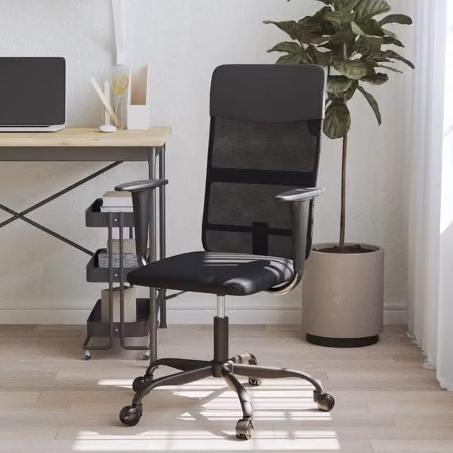 Berkfield Black Mesh Fabric and Faux Leather Height Adjustable Home Office Task Chair with Headrest and Armrests