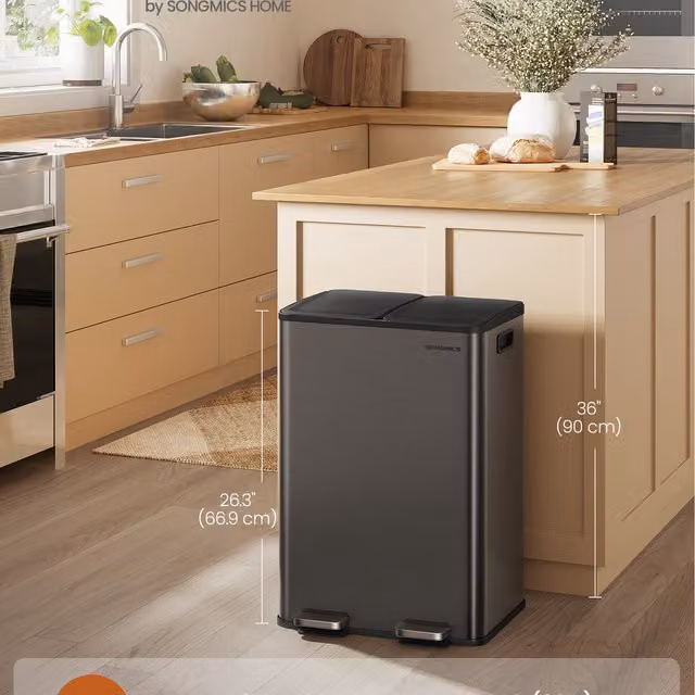 SONGMICS Dual-Compartment Pedal Kitchen Bin, 2 x 8 Gallon, Grey and Black