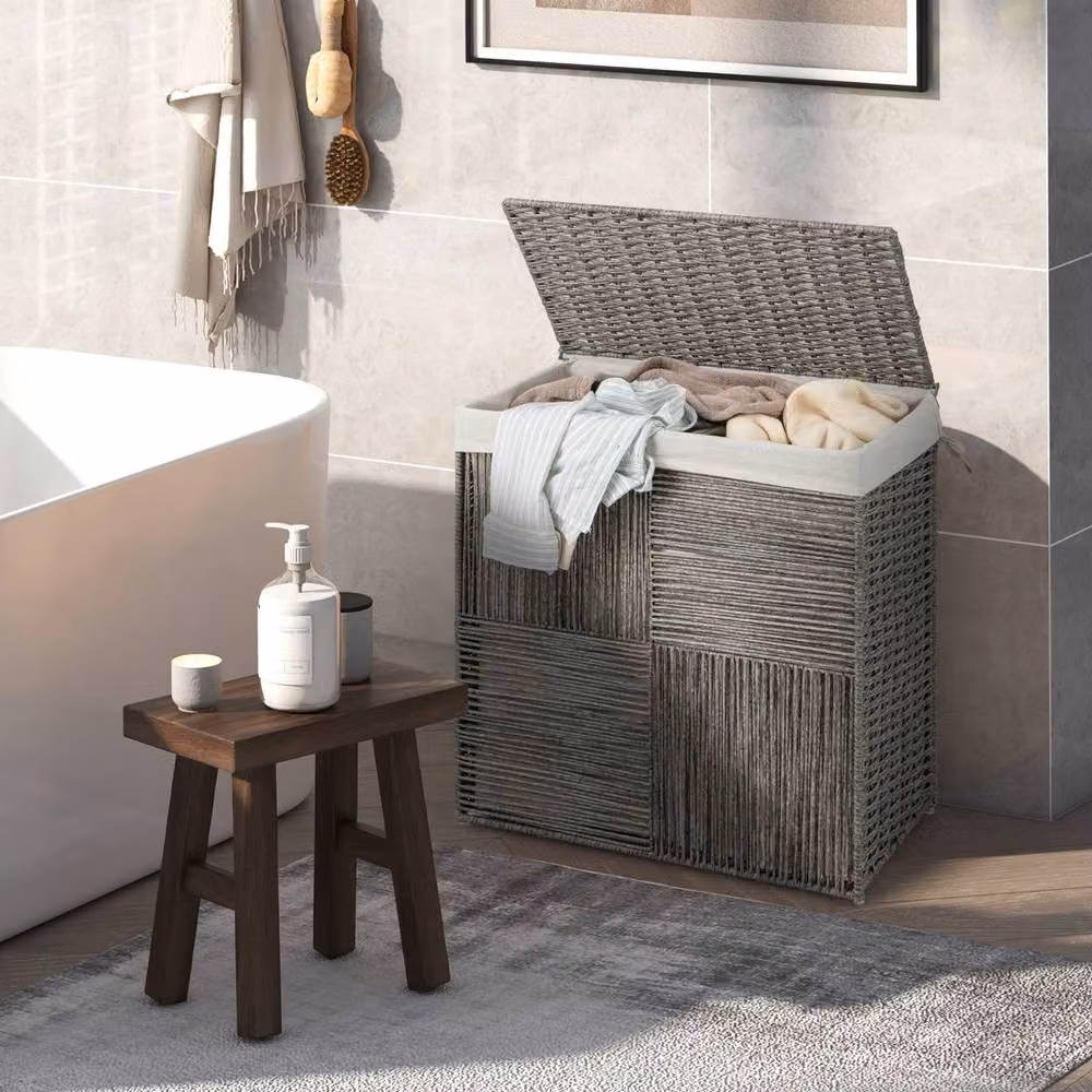 Costway 110L Hand-woven Rattan Laundry Basket with Lid and Removable Bag in Grey – 6