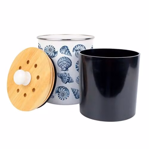 Purely Home Blue Seashells Food Waste Caddy - Enamel Metal Kitchen Compost Bin with Removable Inner Bucket and Odour Filter, 2 L – 2