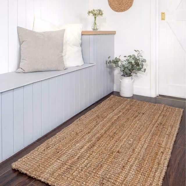 The Rug House Chunky Boucle Rustic Jute Area Rug in Beige and Brown, W: 150 cm, D: 80 cm