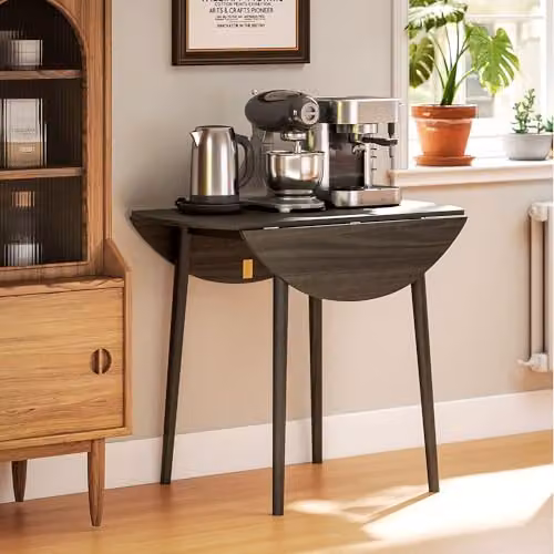 HOMCOM Modern Round Folding Dining Table for 4 with Butterfly Drop Leaf and Wood Legs, Grey – 7