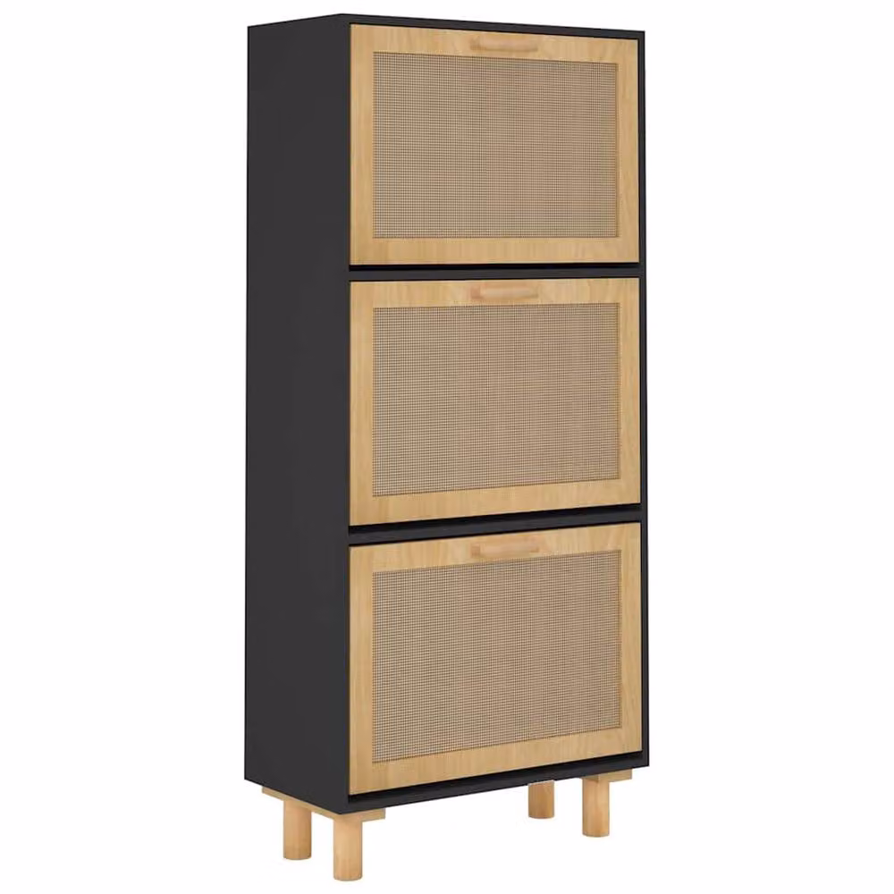 Berkfield Home Black Shoe Cabinet with Natural Rattan and Tilting Compartments, W/D/H: 52 x 25 x 115 cm – 3