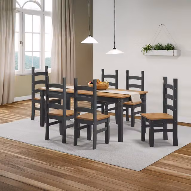 Mercers Furniture Corona Solid Wood Pine Dining Table and 6 Chairs Set in Charcoal Grey