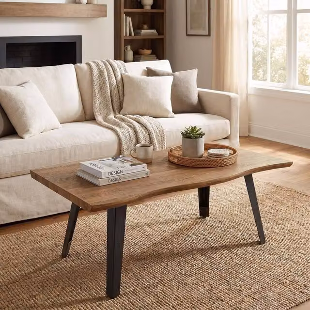 FWStyle Nassau Wave Edge Coffee Table in Brown Oak Effect with Black Metal Frame, W/D/H: 120 x 65 x 45 cm