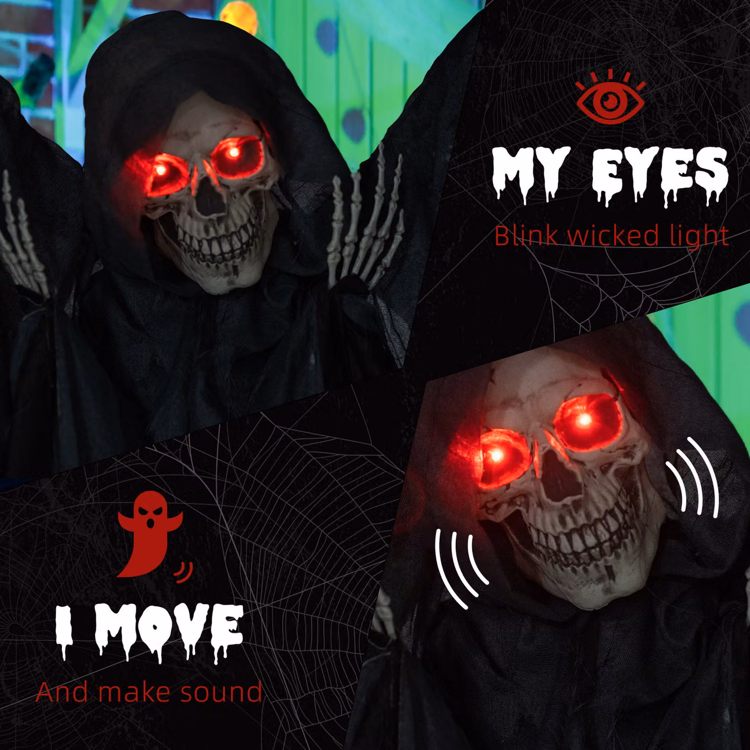 HOMCOM Winged Grim Reaper Outdoor Halloween Animatronic Decoration with Sound Activated Light Up Eyes and Sound Effects, Black, Height: 195 cm – 5