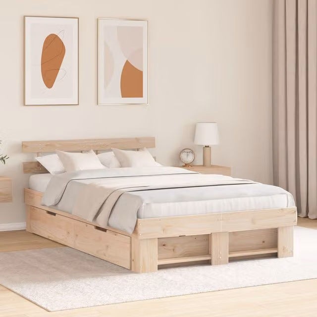 Berkfield Home Modern Bed Frame with Drawers in Beige Solid Pine Wood W/D/H: 140 x 190 cm