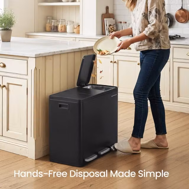 SONGMICS 2-Compartment Kitchen Recycling Bin with Pedal, 3 x 18 L, Black