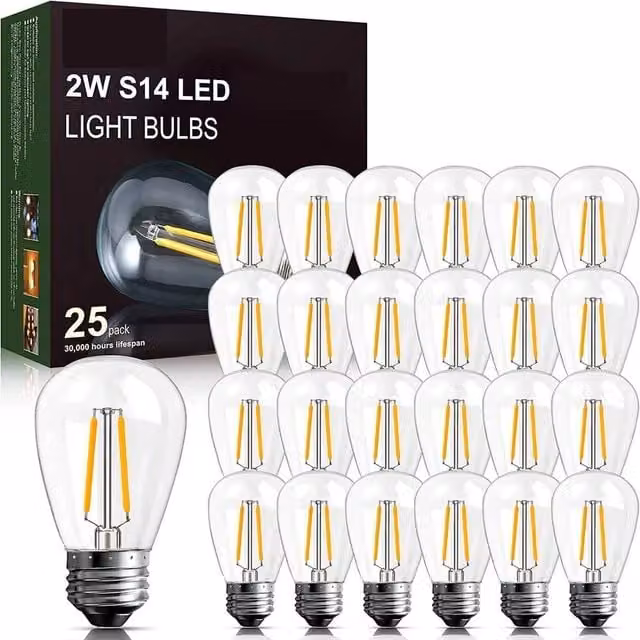 VOGREX 25 Pack Transparent LED E27 Replacement Bulbs for Festoon String Lights – 1