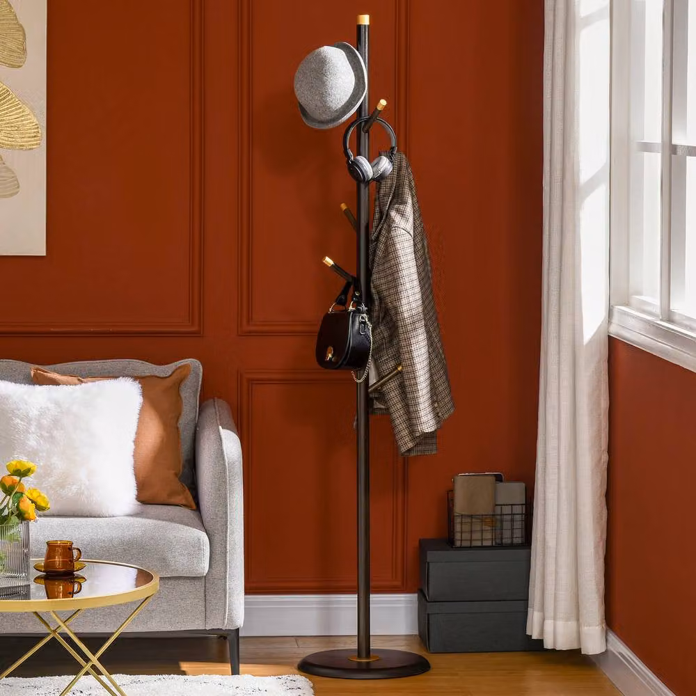 STILVORA Modern Bamboo Coat Rack Stand with 6 Hooks in Brown and Gold, H 180 x W 36 x D 15 cm – 2