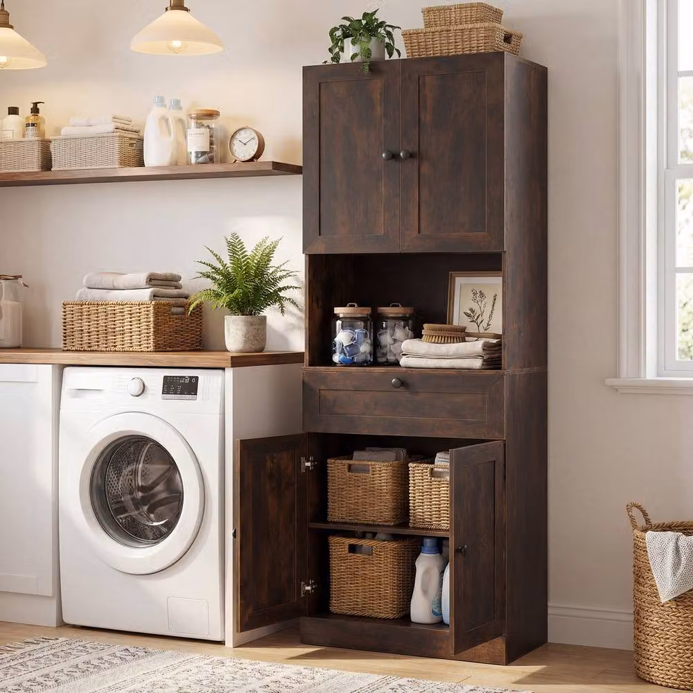 Costway Modern Wooden Bathroom Cabinet in Brown with 4 Doors and 1 Drawer – 6