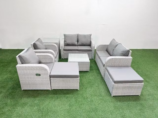 Fimous 8 Seater Rattan Garden Furniture Set in Light Grey with U-Shape Sofa, Reclining Chairs, Coffee Table and Ottomans