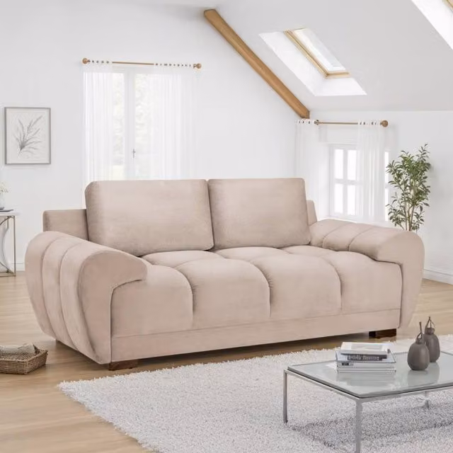 Furnishings For Less UK Zura 2 Seater Sofa in Mocha Brown Plush Velvet Fabric with Light Brown Pillow Back – 1