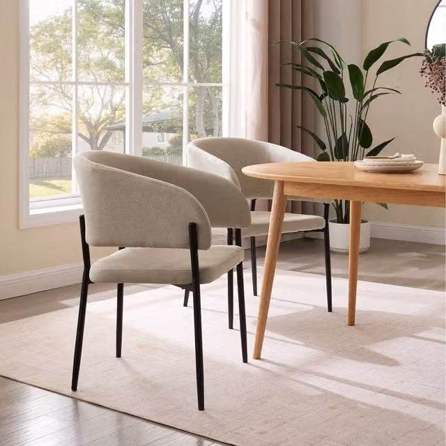 Vonhaus Mid-Century Set of 2 Beige Linen Upholstered Dining Chairs with Metal Legs