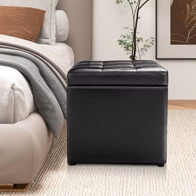 KORVIXA Black Upholstered Storage Stool with Wooden Seat and Lid, W/D/H: 40 x 40 x 40 cm – 1