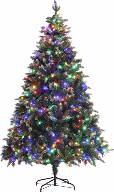 HOMCOM 7ft Prelit Artificial Christmas Tree with Dual Colour LED Lights and 1466 Tips in Green