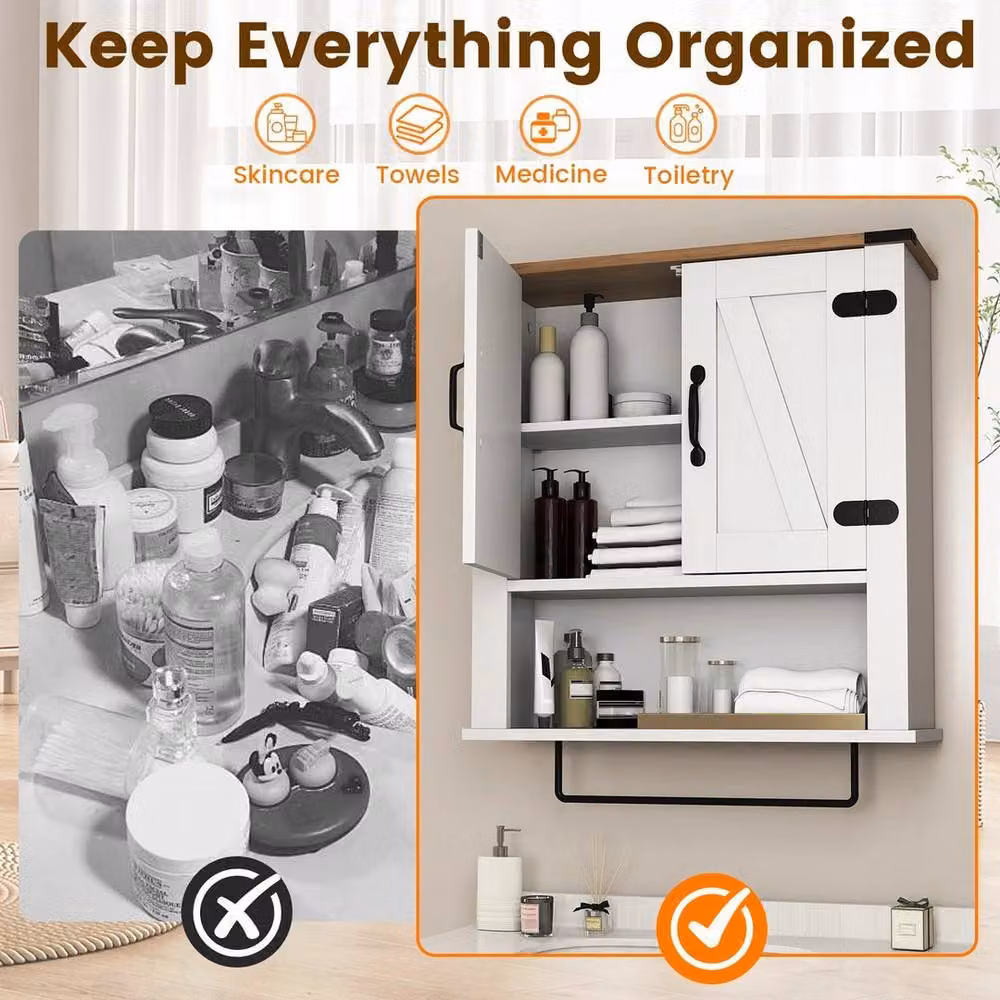 Kelvenix White Wall Mounted Above Toilet Storage Cabinet with Hinged Doors and Internal Shelves – 3