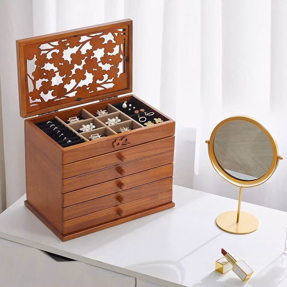 KORVIXA 6 Layer Large Vintage Wooden Jewellery Box Storage Drawer Cabinet, Brown, Width: 90 cm – 4