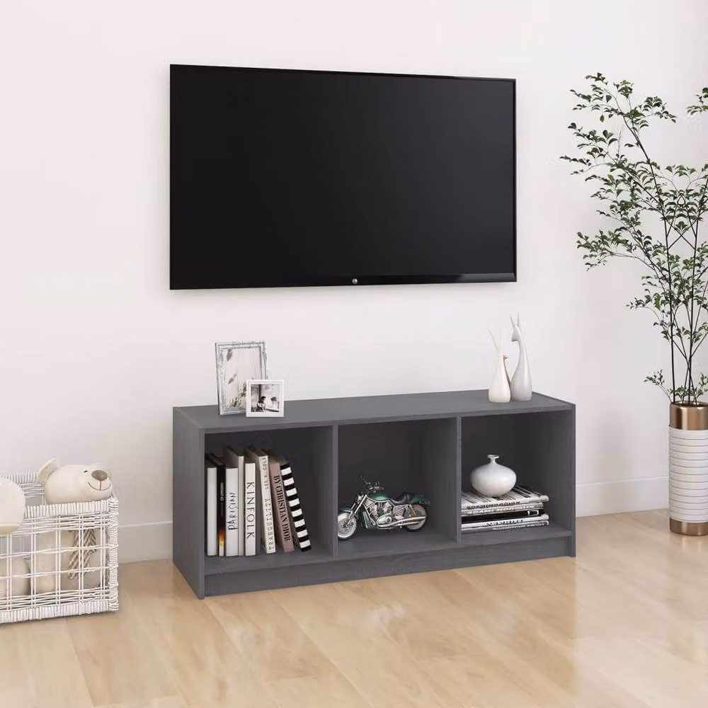 Berkfield Home Grey Solid Pinewood TV Cabinet W: 104 cm, D: 33 cm, H: 41 cm – 2