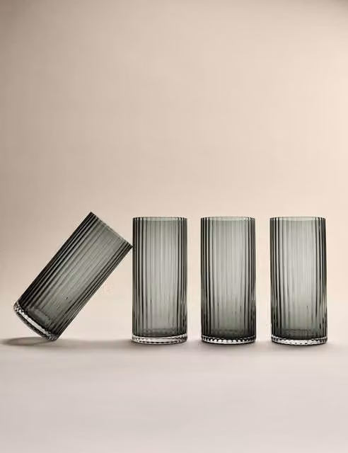 M&S Set of 4 Celine Ribbed Dark Grey Glass Hi Ball Tumblers