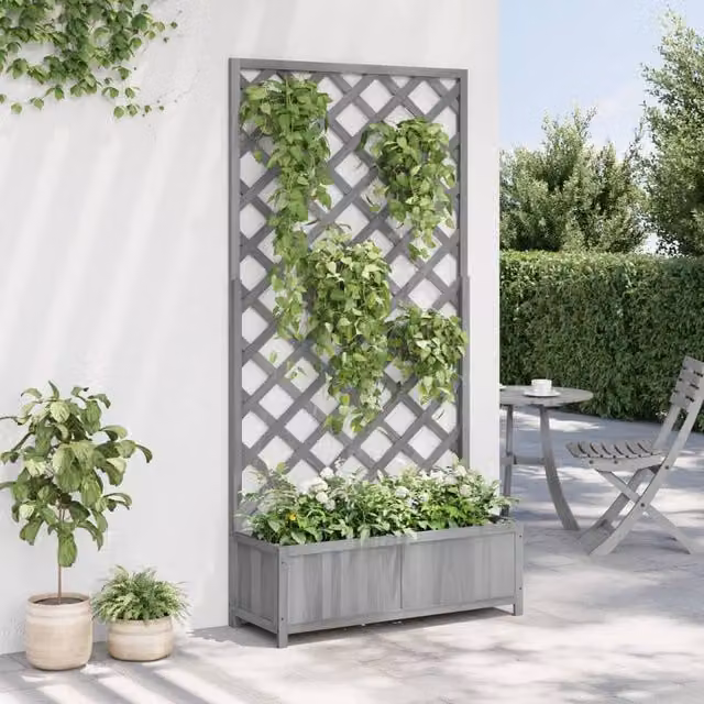 Berkfield Home Grey Solid Wood Fir Planter with Trellis and Tub, W/D/H: 180 x 90 x 35 cm – 1
