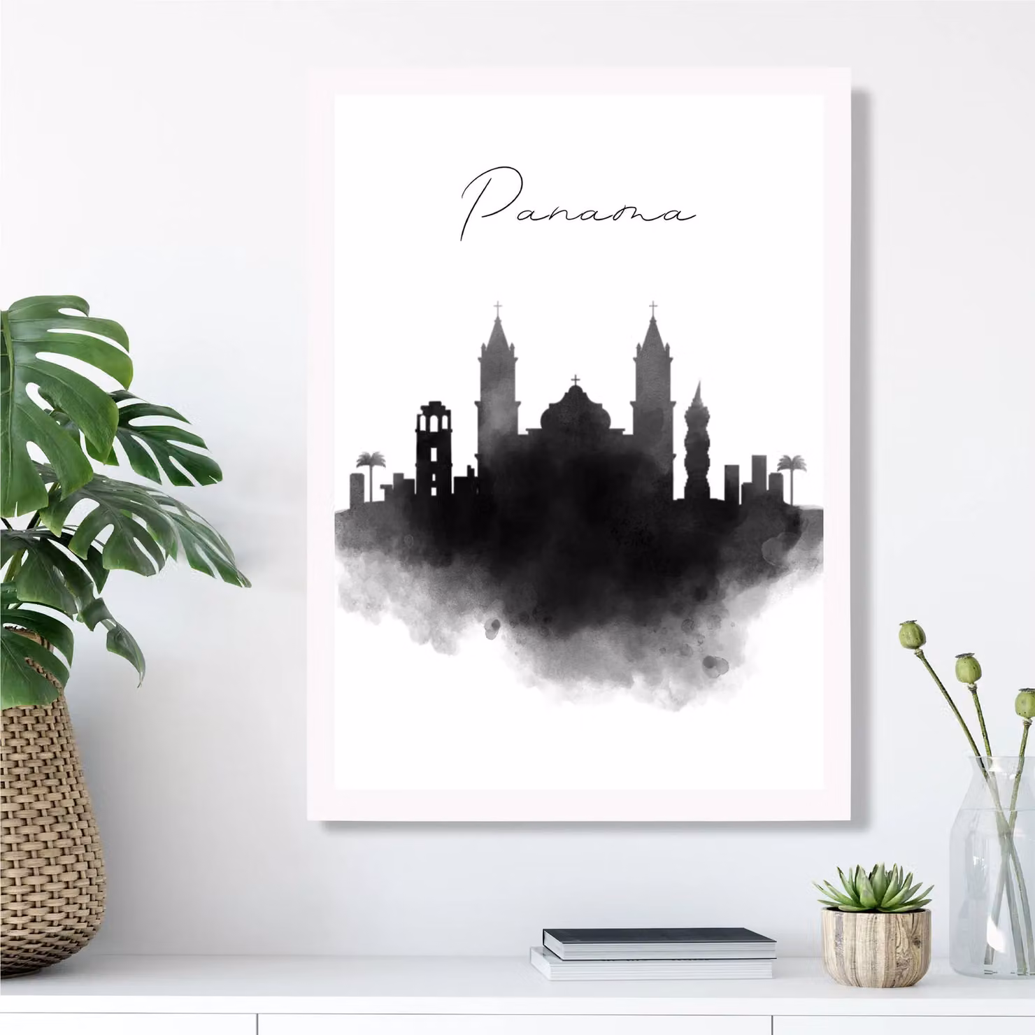 ARTZE Panama Watercolour Skyline City Framed Print, Black and White, A4 – 2