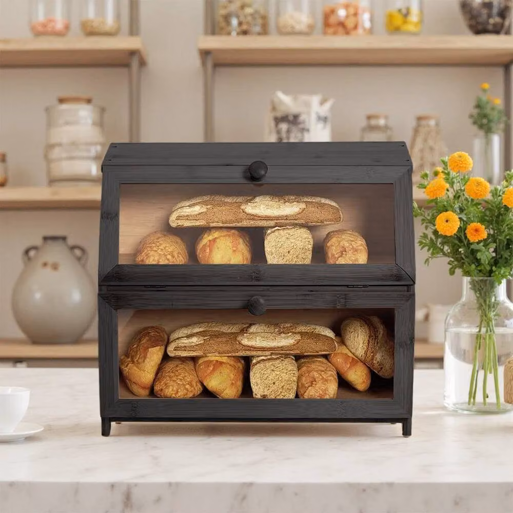 PAWNORA 2 Tier Bamboo Bread Bin in Black – 4