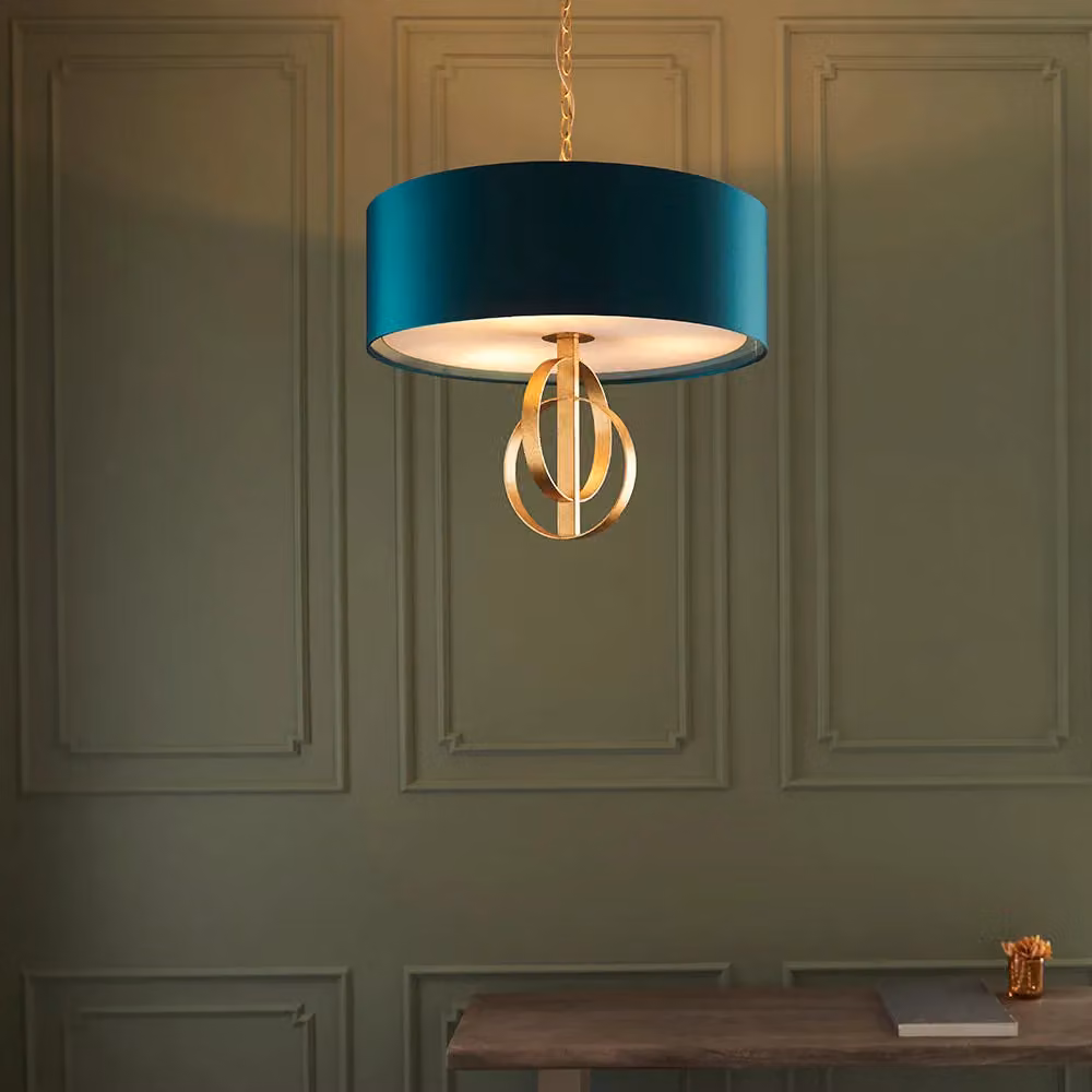Loops Antique Gold 3-Bulb Ceiling Pendant Light with Teal Satin Shade – 2