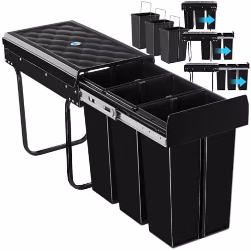 tectake Ashlyn Kitchen Bin with 3 Compartments in Black, 30L Capacity
