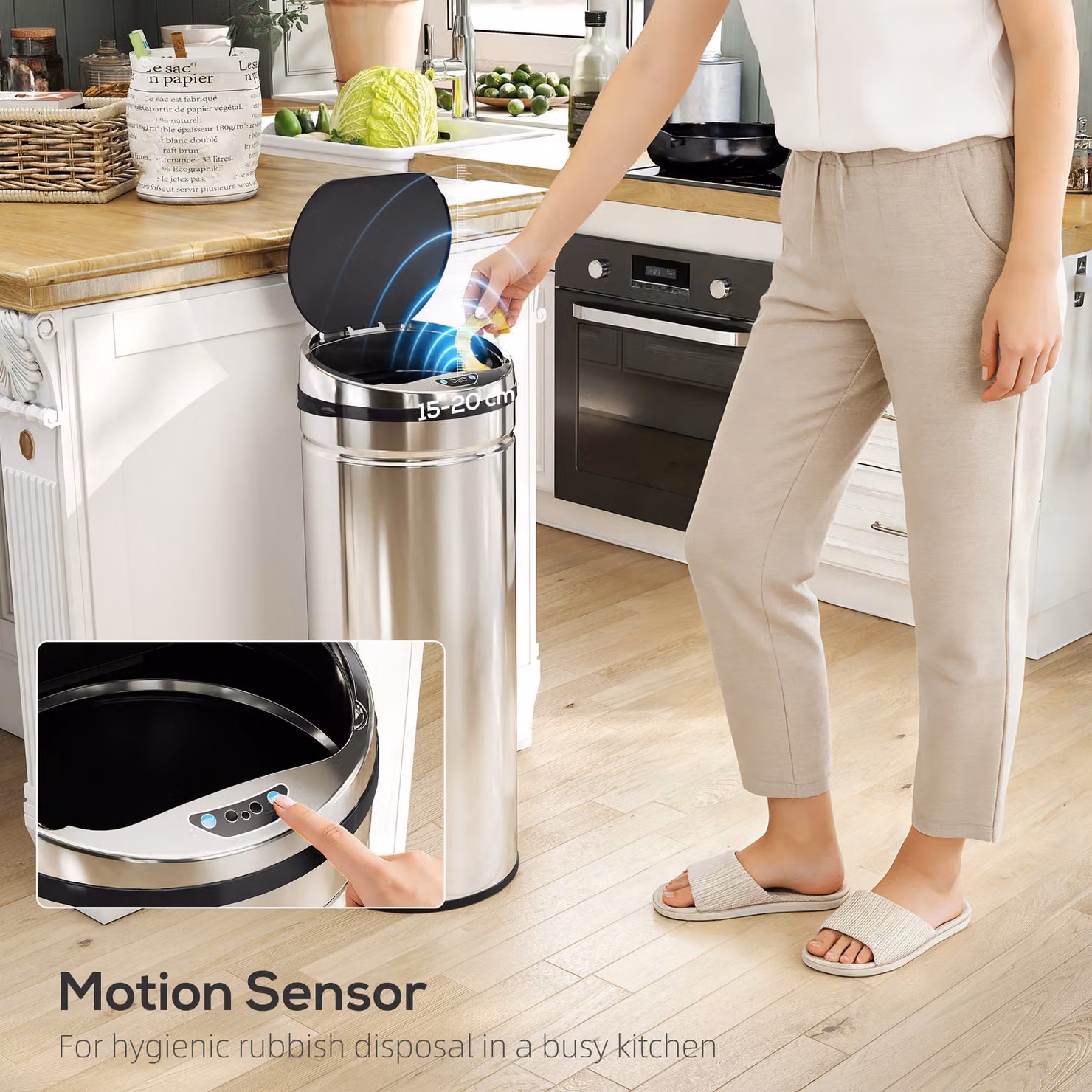 HOMCOM 50L Stainless Steel Sensor Bin in Silver Tone with Soft Close and Fingerprint Proof Finish – 3