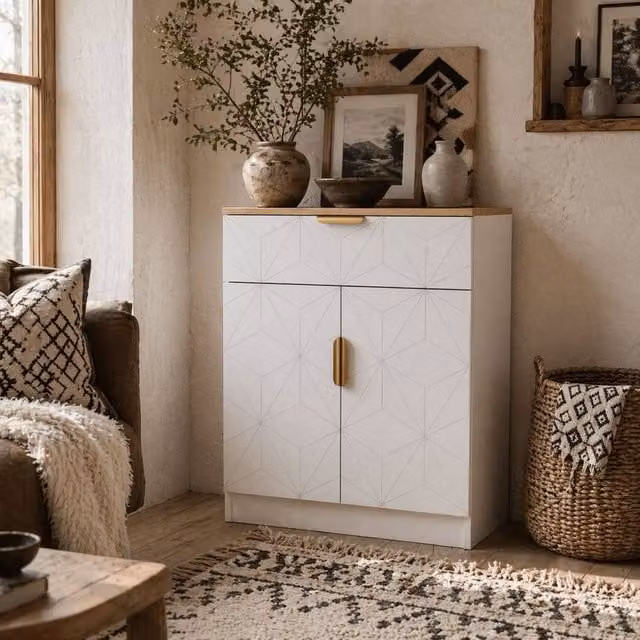 Wyld Haus Rilosa White Sideboard with Gold Accents and Matt Finish, W: 82 cm, D: 32 cm, H: 60 cm