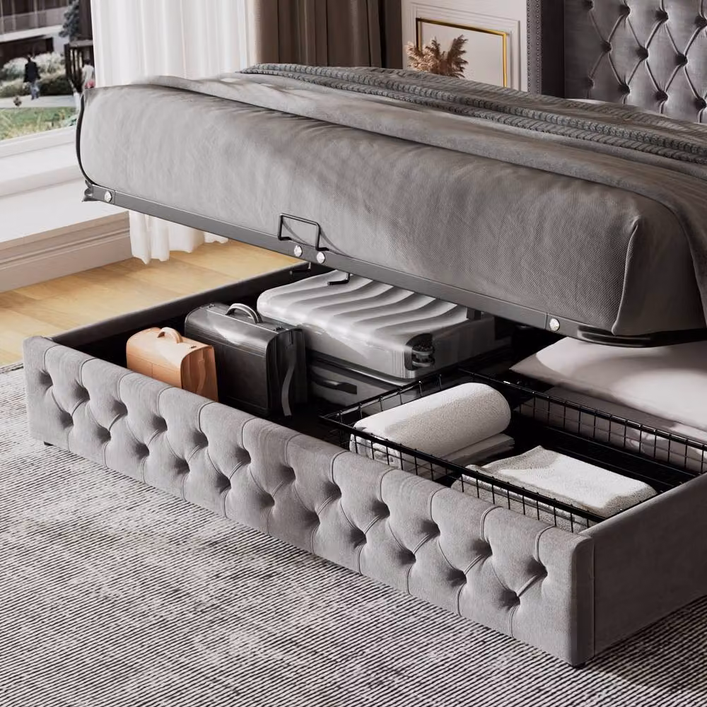 Rolipo Modern Grey Velvet Upholstered Double Bed with Lift Up Base, W/D/H: 140 x 200 cm – 4