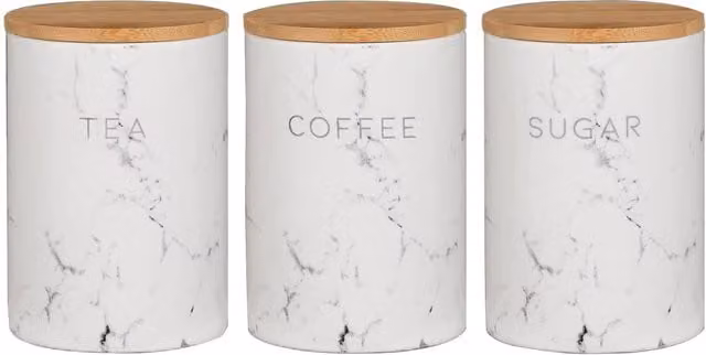 DEENZ Set of 3 White Marble Effect Ceramic Tea Coffee Sugar Storage Jars with Airtight Wooden Lids