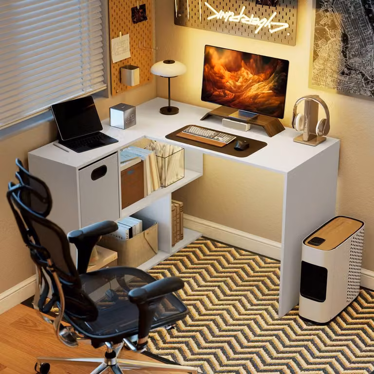 HOMCOM L Shaped Reversible Corner Computer Desk in White, W/D/H: 110 x 100 x 75 cm