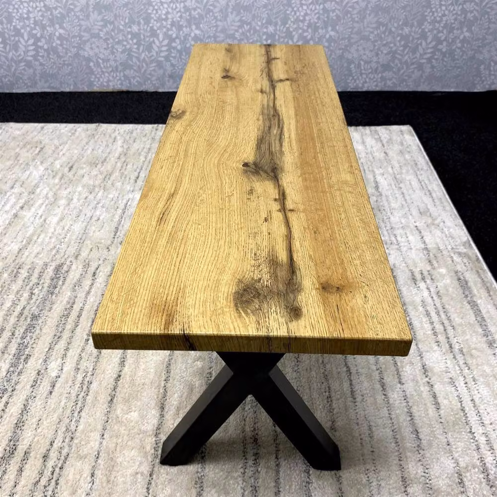 KOSY KOALA Modern Rectangular Dining Table and 2 Benches Set in Brown and Grey with X-Frame Metal Legs – 8