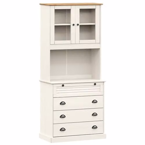 vidaXL VIGO White Rustic Tall Highboard in Solid Pine Wood with Glass Doors, W/D/H: 80 x 40 x 176 cm – 1