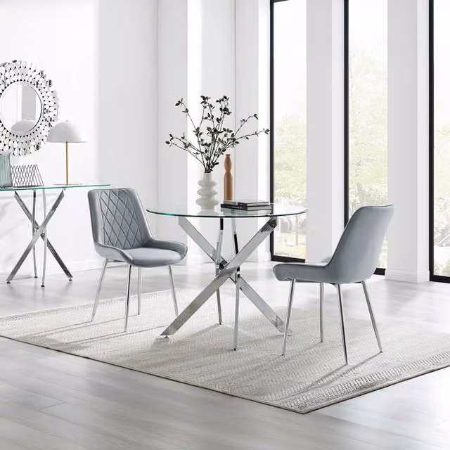 FurnitureboxUK Novara 100cm Round Glass Dining Table and 2 Pesaro Silver Leg Chairs in Grey