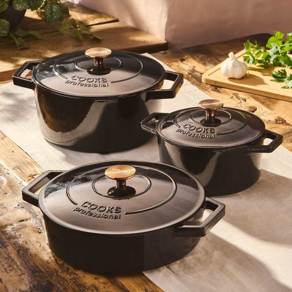 Cooks Professional 5 Piece Black Enamel Cast Iron Casserole Dish, Frying Pan and Skillet Set – 3