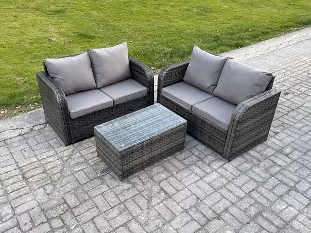 Fimous 4 Seater Rattan Garden Furniture Set with L-Shape Sofa and Coffee Table in Dark Grey Anthracite