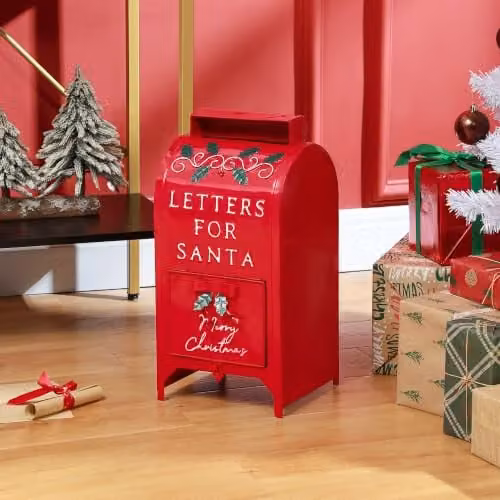 HOMCOM Christmas Freestanding Metal Post Box in Red and White – 2