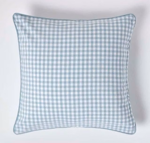 Homescapes Blue Checked Cotton and Linen Square Cushion Cover, W/D/H: 45 x 45 x 45 cm