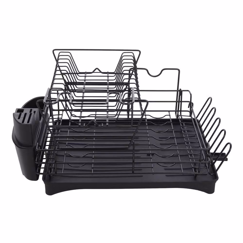 Garden Sanctuary Multifunctional 2 Tier Detachable Dish Drainer Rack in Black with Cutlery and Cup Holders – 2