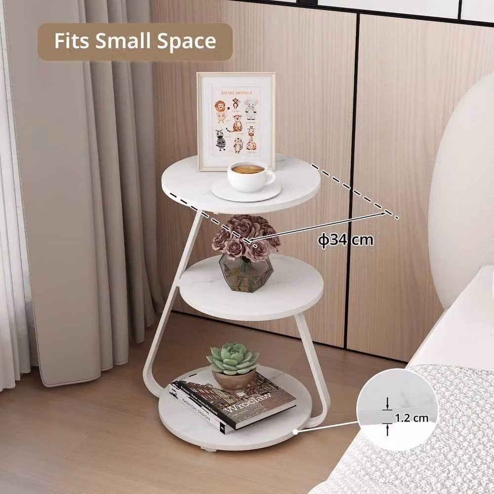 EONLION 3-Tier Modern White Marble Sofa Side Table with LED Light and Sled Base, Height: 100 cm – 3