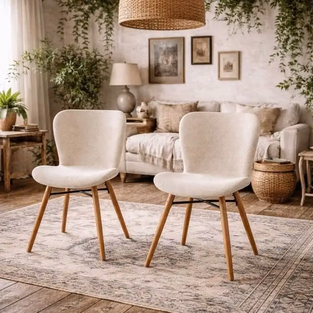 Wyld Haus Set of 2 Beige Bouclé Dining Chairs with Oiled Oak Legs – 1