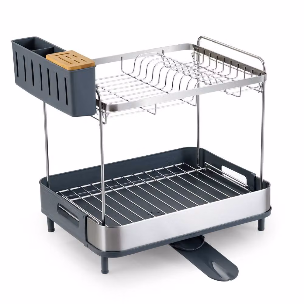 Costway 2-Tier Stainless Steel Dish Drying Rack with Cutlery Holder and Drip Tray in Silver and Multicolour – 7
