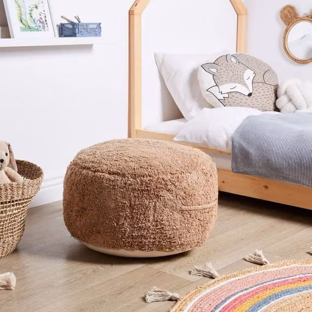 Wyld and Coco Shaggy Cotton Pouffe, Brown, W/D/H: 50 x 35 x 35 cm