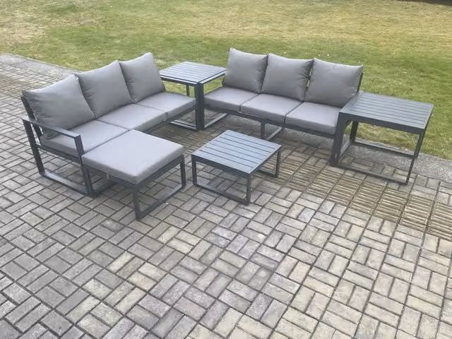 Fimous 7 Seater L-Shape Garden Furniture Set in Dark Grey with Powder Coated Aluminium Frame, Cushions, Coffee Table and Ottoman