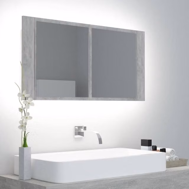 Berkfield Home Modern LED Bathroom Mirror Cabinet in Grey, W/D/H: 90 x 12 x 45 cm – 1