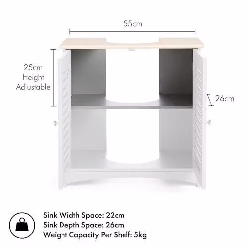 VonHaus Shrewsbury Grey 2 Door Under Sink Bathroom Cabinet with Wood Effect Top and Internal Shelves – 3