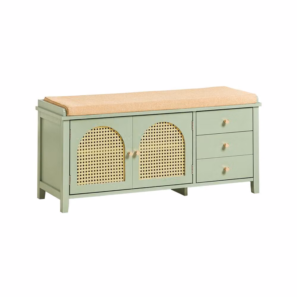 SoBuy Space-Saver Entrance Bench with Rattan Doors and Fabric Cushioned Seat in Green and Beige – 2